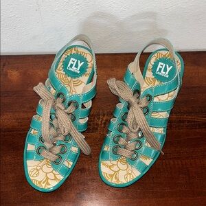 Fly London Rose Yito Demani Teal Lace-up Wedge Sandals Size EU 36 US 6.5